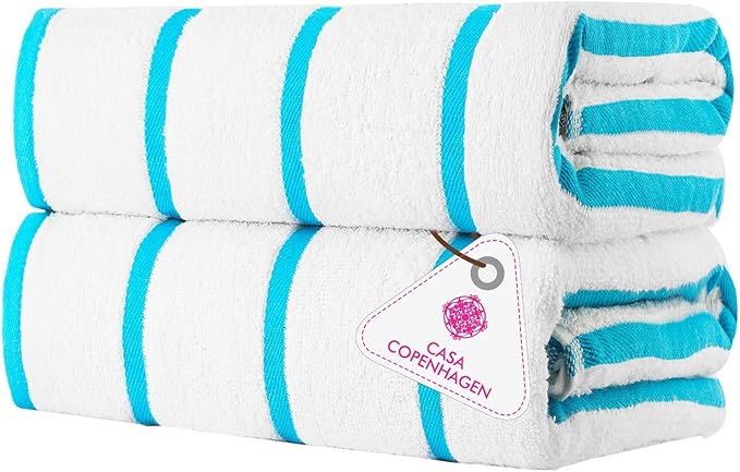 CASA COPENHAGEN Cabana Pool 2Pcs 100% Egyptian Cotton XL Designer Bathsheet Beach Towels Gift Set- White Teal, 500GSM, 35"x70", Bath Sheet Beach Towels (Box Pack, Set for Women & Men)