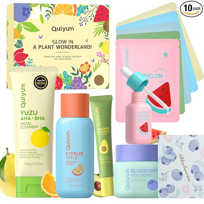 QUIYUM Fruit Skin Care Sets, Routine Skincare with Facial Mask, Beauty Skincare for Women, Facial Care, Hydration, Moisturizing, Oil Control, Glow Up, Teen Girl Gifts Trendy Stuff, Spa-Like at Home