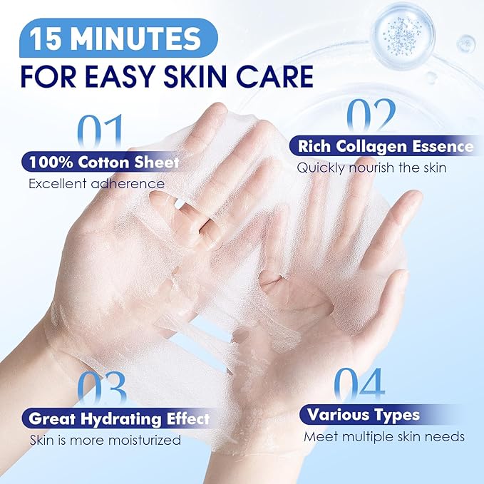 54 Pack Bulk Sheet Face Masks Skincare, Hydrating and Moisturizing Face Mask for All Skin Types, Collagen Facial Masks for Skin Care, Mothers Day Gifts, Teacher Appreciation Gifts (9 Types x 6 Pcs)