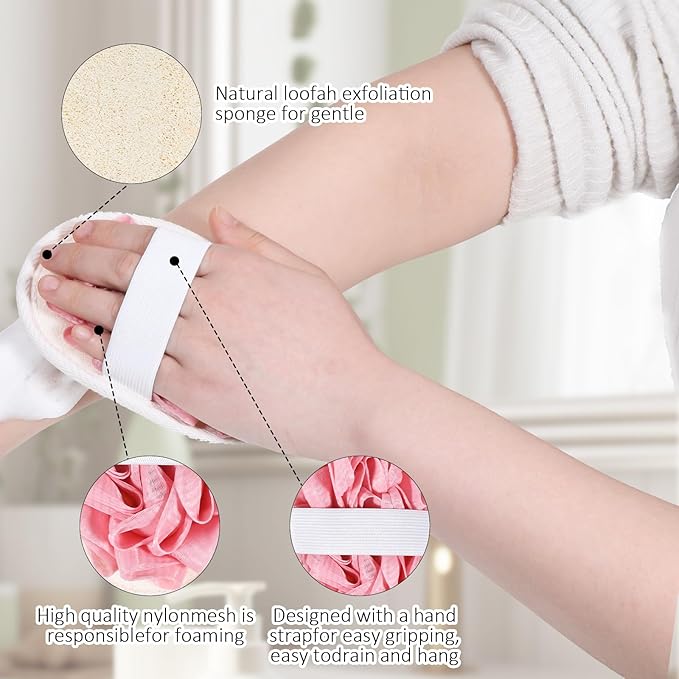 Jeffdad 2Pcs Natural Loofah Sponge, Premium Exfoliating Body Scrubber for Women & Men Ideal Shower Scrubber for Body Perfect for Exfoliation, Cleansing, and Gentle Skin Care(Pink)