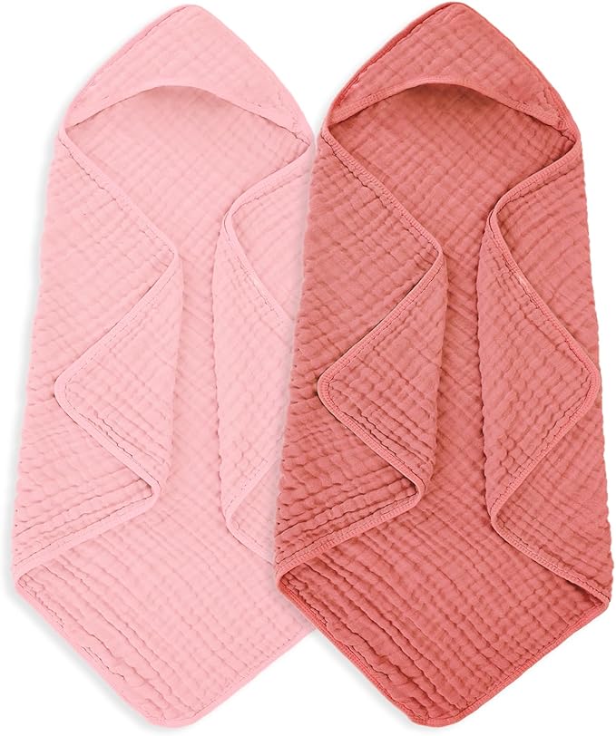 MIGIOL Muslin Hooded Baby Towels 100% Cotton ，Super Soft Muslin Baby Bath Towel - 32 x 32 Inches, Suitable for Newborn and Young Children up to 3 Years Old. (Light Pink & Dark Pink)