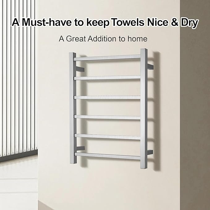 Electric Heated Towel Warmer - Wall Mounted Bathroom Towel Rack, Plug-in Design & Brushed Stainless Steel 6 Bar Brushed with Single Press