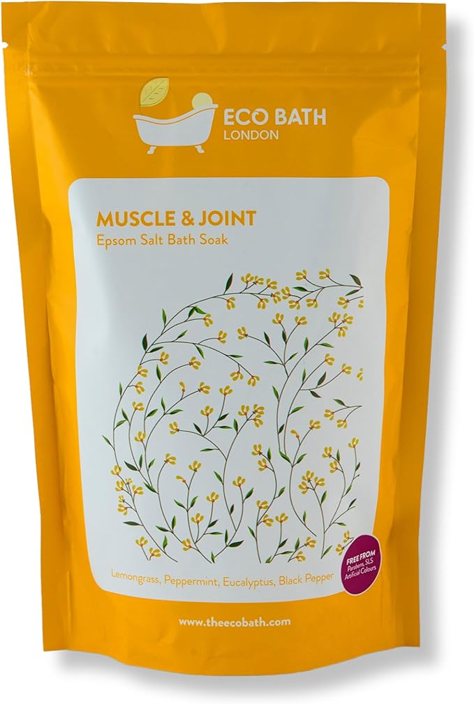 Eco Bath London Muscle & Joint Epsom Salt Bath Soak – Pouch 2.2 LB (1kg) | Made in UK | Magnesium Bath Salts with Lemongrass, Peppermint, Eucalyptus and Black Pepper Oils | Bath Salt for Recovery