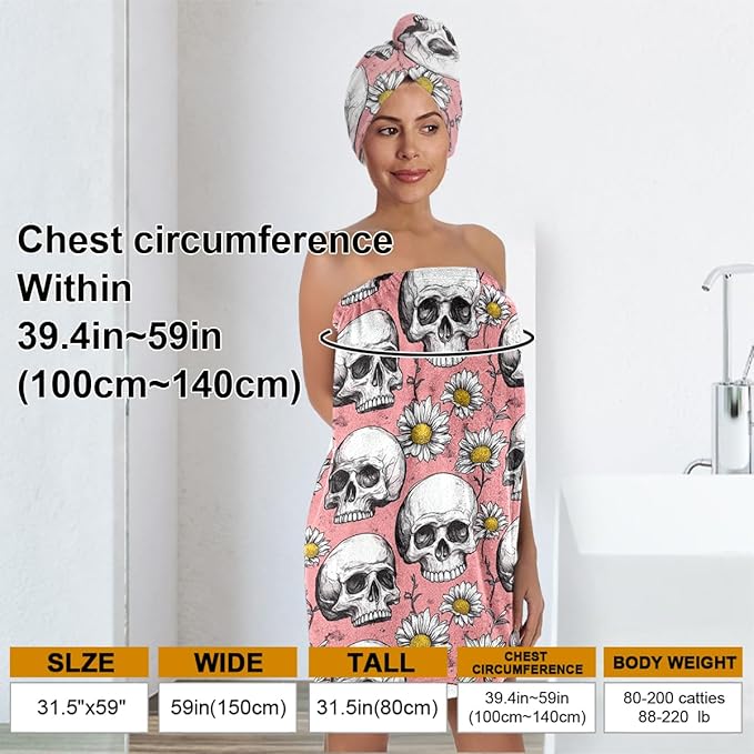 Bath Wrap Set with Hair Turban, Pink and White, Gothic Floral Pattern, Skull and Daisy Print