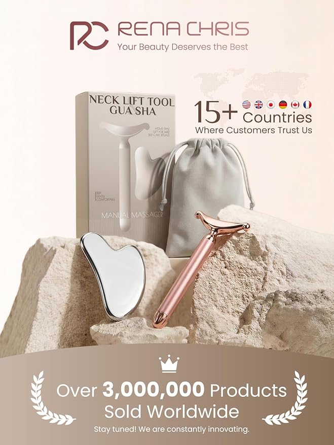 Rena Chris Gua Sha & Neck Lift Tool - Manual Face Massager & Jawline Sculptor for Puffiness - Handheld Stainless Steel Set for Skin Firming & Fine Lines