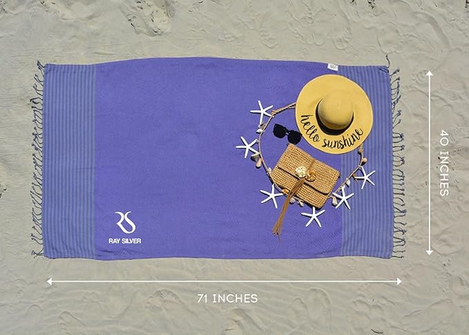 RAY SILVER Turkish Beach Towel – 100% Turkish Cotton 40"x71" Quick Dry Oversized Beach Towel Sand Free Lightweight Turkish Towel for Travel Camping Bath Sauna Beach Pool Gym Yoga