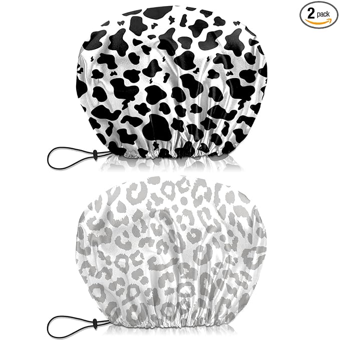 2 PCS Shower Cap Waterproof Double Layer Elastic Adjustable Reusable Hair Bath Caps for Girls Women Cute Aesthetic-Black White