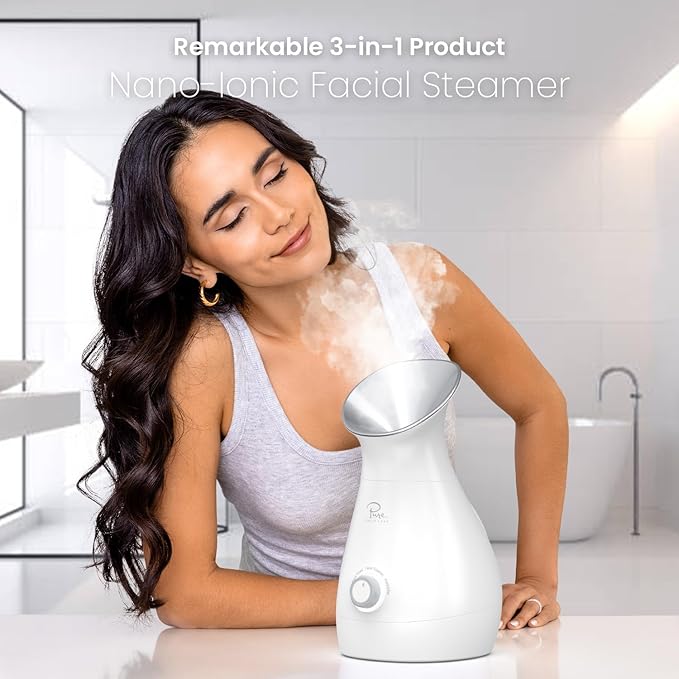 Pure Daily Care NanoSteamer Large 3-in-1 Nano Ionic Facial Steamer with Precise Temp Control - Humidifier - Unclogs Pores - Blackheads - Spa Quality - Bonus 5 Piece Stainless Steel Skin Kit (Silver)
