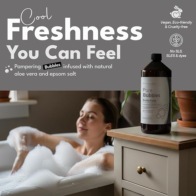 Luxury Unscented Foaming Bath - Natural Fragrance-Free Bubble Bath with Aloe Vera and Epsom Salt - Pure Bubbles Scent (Unscented), 33.8 fl oz / 1L