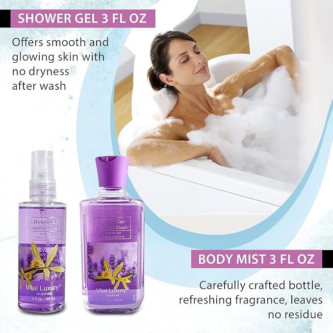 Bath & Body Travel Kit - Lavender Vanilla Blush Fragrance Mist, Body Lotion, Shower Gel, and Body Cream - Ideal 3 Fl Oz Skincare Gift Set for Home Spa