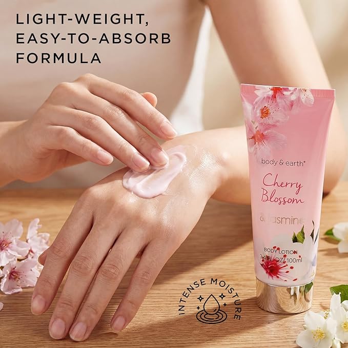 Body & Earth Spa Gifts for Women Self Care Kit - 8pcs Cherry Blossom & Jasmine Bath Sets for Women, Birthday, Mother's Day Gift Baskets for Mother, Wife, Girlfriends