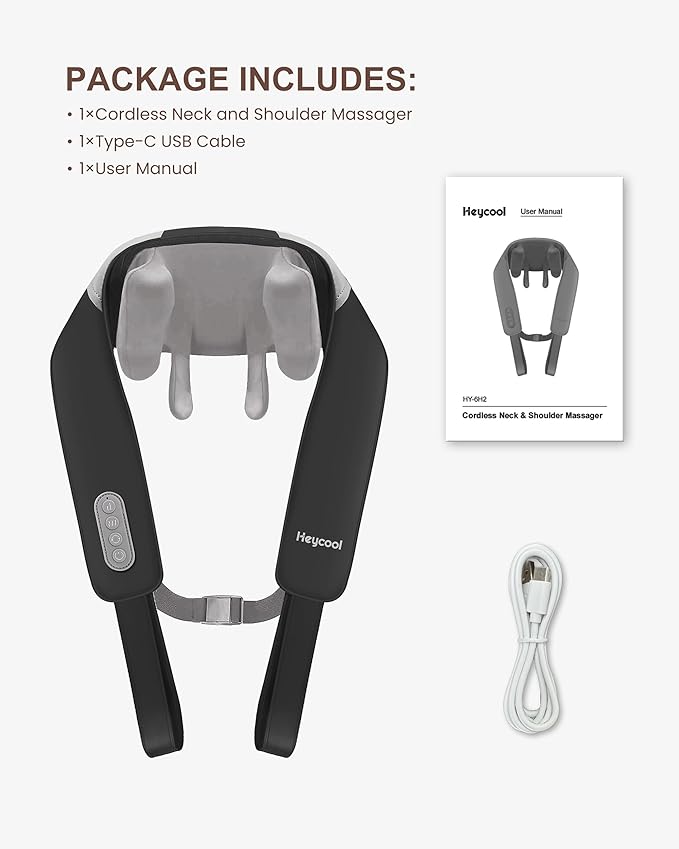 Heycool Cordless Neck Massager with Heat, Shiatsu Neck Shoulder Massager for Pain Relief Deep Tissue, 2 Heating Areas, 3 Modes Kneading Back Massager Presents/Gifts for Women, Men