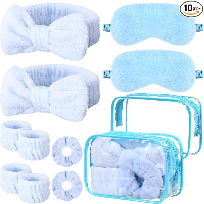Hoteam 10 Pcs Spa Party Supplies Gift for Mother's Day Sleepover Party Favor Spa Headband Wristband Sleep Eye Mask Velvet Scrunchies for Skin Care Makeup Slumber Night Favor(Blue)
