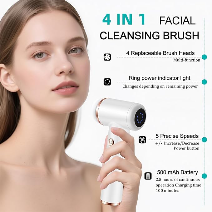 Electric Facial Cleansing Brush with 4 Brush Heads & 5 Speeds - IPX6 Waterproof, Type-C Fast Charging - for Deep Cleansing, Exfoliating, Pore Minimizing & Makeup Removal (White)