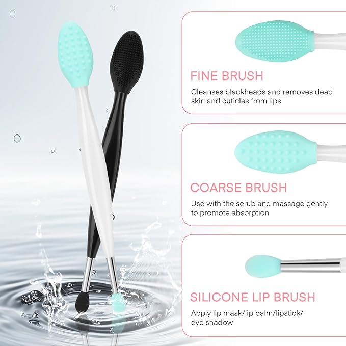 Unaone Lip Scrub Brush - 2 PCS Dual-ended Lip Scrubber Exfoliator and Silicone Lip Brush, 3-in-1 Silicone Lip Scrub Tool Lip Mask Applicator, Gentle Exfoliator & Applicator for Soft