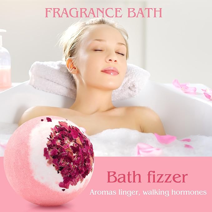 Dried Flower Bath Bombs Salt Balls,4-Pack Gift Set,Rose Extract Essential Oils,Moisturizing Dry Skin,Fizzy Spa,Relaxation,Self Care,Relaxing,Bubble Bath Bomb Gifts Idea for Men Women