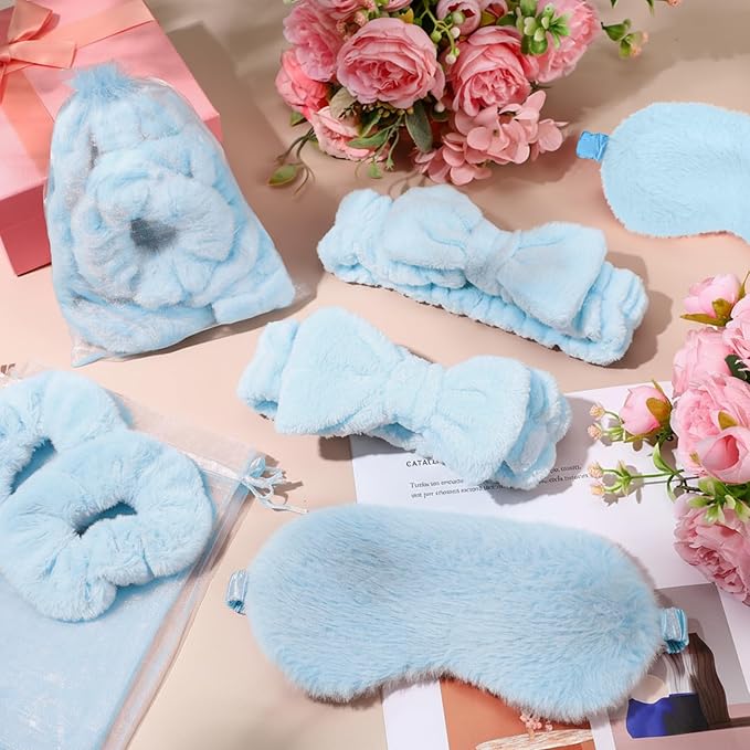 Mimorou 48 Pieces Spa Party Supplies Gift for Mother's Day 12 Spa Headband 12 Plush Sleep Eye Mask 12 Velvet Scrunchies 12 Organza Bags for Sleepover Slumber Party Graduation Gift(Blue)