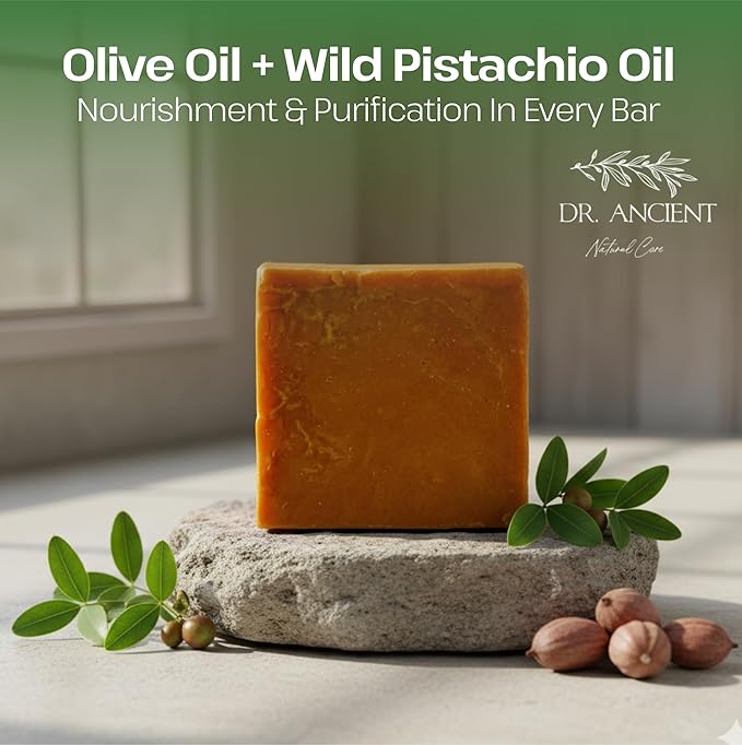 Dr.Ancient Wild Pistacia Bittim Soap Bar, Organic Soap Bars Handcrafted the Traditional Way, Natural Chemical-Free, Vegan, Used for Face Wash, Body Wash, Hand Cleansing and Skin Care