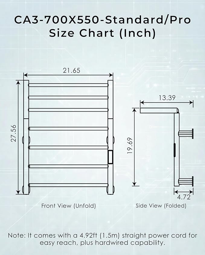 Foldable Heated Towel Rack, Dual-Zone Electric Towel Warmer Rack with Timer, GFCI Plug-in or Hardwired, Wall-Mounted, Drill-Free Installation, Twilight Grey, CA3-700X550-Standard-TG