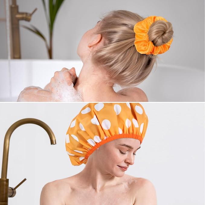 WSICSE 2 Packs Large Shower Caps for Women, Reusable Waterproof Shower Cap Bath Caps with Hair Scrunchies for Long Thick Hair (Purple/Orange)