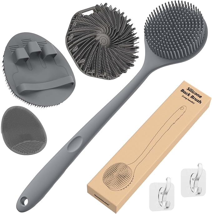 Manmihealth Silicone Back Scrubber & Soft Shower Face Brush Set 4 PCS(Thin Bristles), Super-Cleansing Body Scrubber & Strong Lathering Power Bath Glove Combination (Gray)