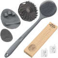 Manmihealth Silicone Back Scrubber & Soft Shower Face Brush Set 4 PCS(Thin Bristles), Super-Cleansing Body Scrubber & Strong Lathering Power Bath Glove Combination (Gray)