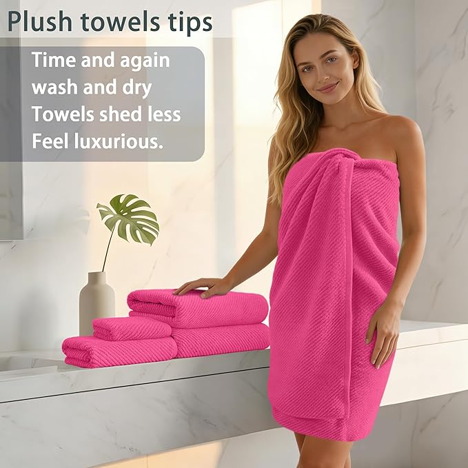 Hot Pink Bath Towels (4PC Large, 30"x56") - 100% Cotton | Quick Dry | Light Weight | Thick | Soft | Absorbent, Luxury Shower Towels with Hanging Loops, Towel Gift Set, Hot Pink Bathroom Accessories