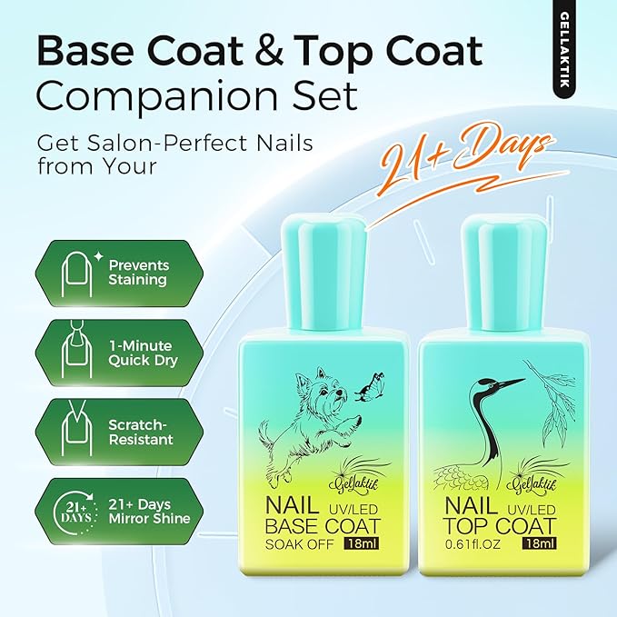 2 Pcs 18ml Gel Base Coat and Pink Glossy Top Coat Set No Wipe Foundation Combination for Long Lasting Shine, Perfect Manicure Gift Set for Women, DIY Nail Art, UV Light Cure