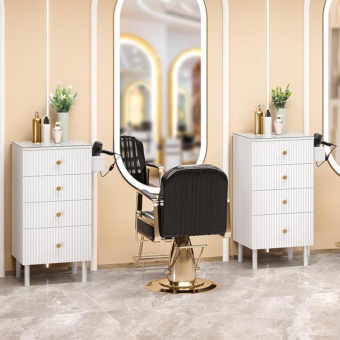 OmySalon Salon Station, Barber Station for Stylist, Hair Storage Cabinet with Glass Top & 4 Drawers & 3 Heat Resistant Tool Holders, For Beauty Spa, Salon, White