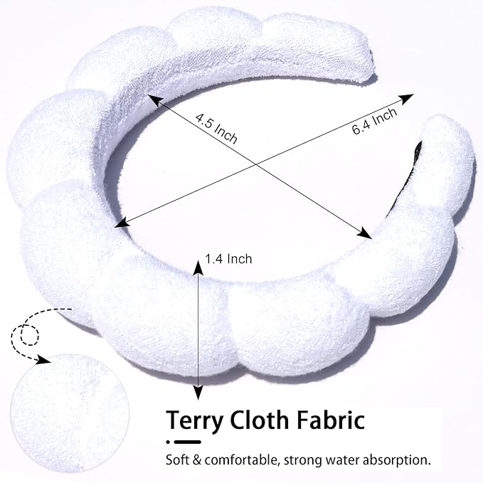 Spa Headbands for Washing Face or Facial, Makeup Headband for Women, Skincare Hair band, Puffy Terry Cloth Face Washing Head band for Maskup, Skin Treatment(White)