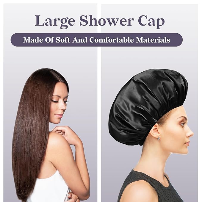 Three-Layer Terry Cloth Lined Satin Shower Cap, with Silk Hair Ties, Microfiber Waterproof Reusable Large Size Shower Cap for Women Long Thick Hair (Black)