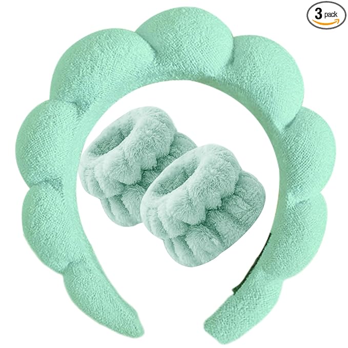 Beleki Spa Headband for Washing Face Wristband Set Makeup Skincare Face Washing Headband Sponge Terry Cloth Bubble Puffy Hairband Non Slip Headwear Hair Accessory for Women - Mint