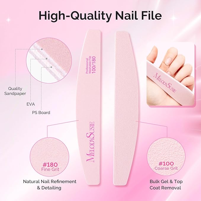 MelodySusie Nail File Kit, 10Pcs Double Sided 100/180 Grit Mixed-Shapee Emery Boards for Nails, Professional Manicure Pedicure Supplies for Home and Salon Use, Mothers Day Gifts, Pink