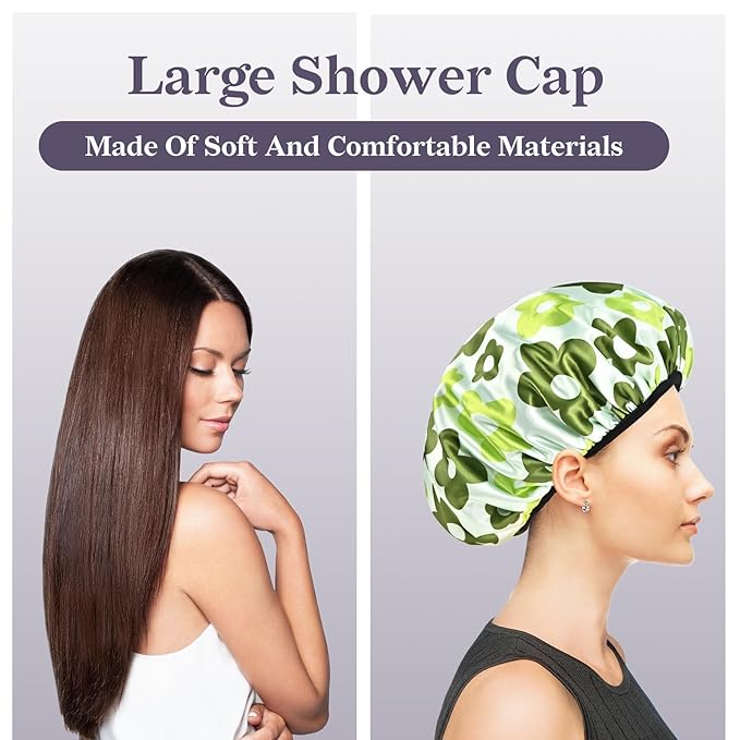Satin Shower Cap, Three-Layer Terry Cloth Lined, with Silk Hair Ties, Microfiber Waterproof Reusable Large Size Shower Cap for Women Long Thick Hair (Green Flower)