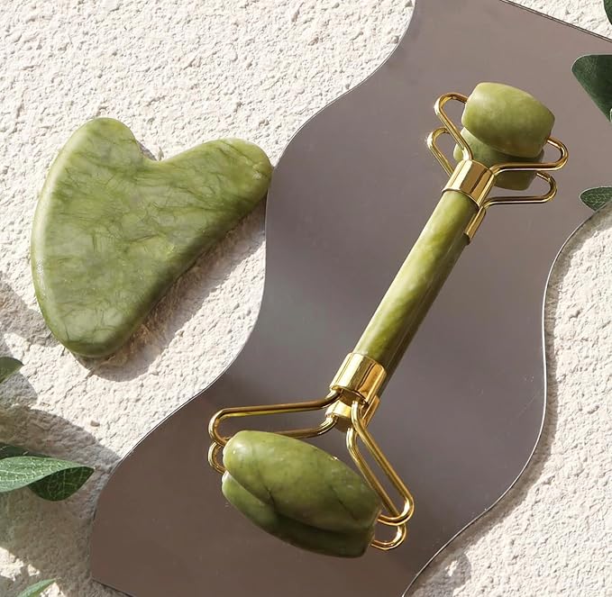 Premium Jade Roller with Gua Sha Set, Natural Green Jade Stone, Gold Metal Handle, Face Massage Tool for Facial Sculpting, Puffiness Reduction, Skin Tightening