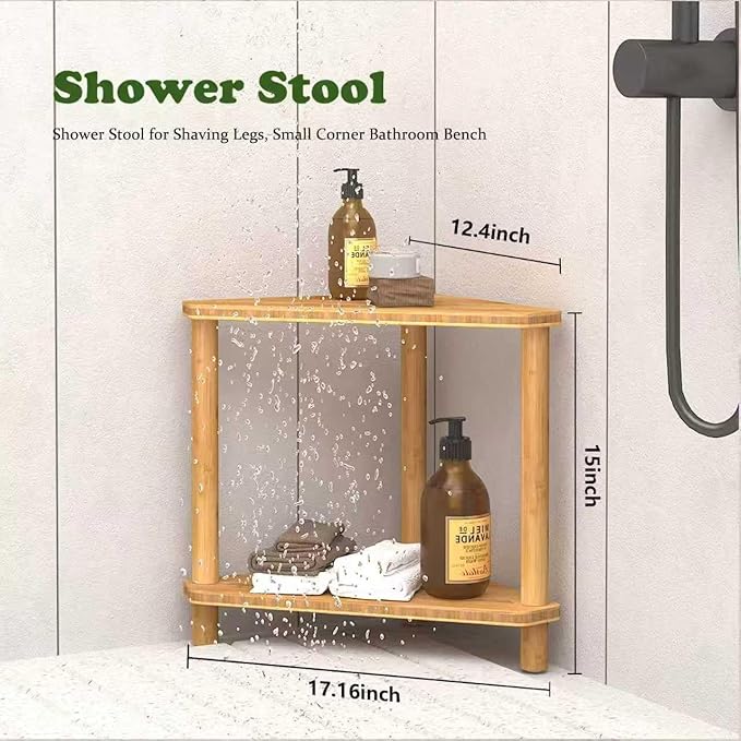 Bamboo 2-Tier Corner Shower Organizer, Waterproof Standing Shower Caddy Storage Shelf, Space-Saving Durable Bathroom Corner Shower Bench for Shampoo Soap Towel, Natural Spa Decor