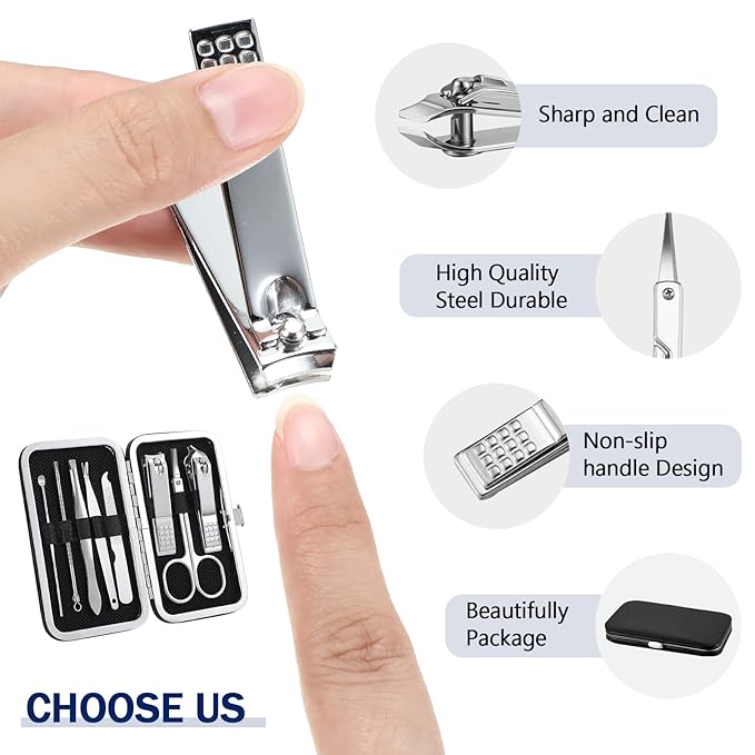 Hanaive 6 Set Manicure Set 48 Pcs Nail Clippers Pedicure Kit Gift for Mother's Day 8 in 1 Stainless Steel Grooming Kit Professional Nail Care Tools with Luxurious Travel Case for Men Women(Black)