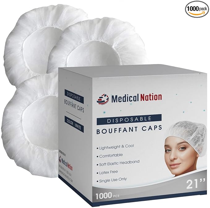 Medical Nation 21" Disposable Bouffant Caps |CASE of 1000, White| Hairnets, Non-Woven, Non-Pleated Head Hair Covers |for Medical, Labs, Nurse, Tattoo, Food Service, Hospital, Cooking - Size 21" White