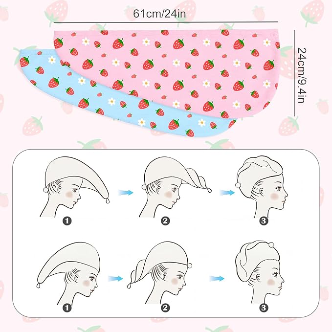 Microfiber Hair Towel Wrap for Kids 2 Pack Quick Drying Hair Towels with Button Hair Turbans for Wet Hair Absorbent Quick Dry Wraps Head Towel Wrap for Women and Girls, Pink Blue Strawberry