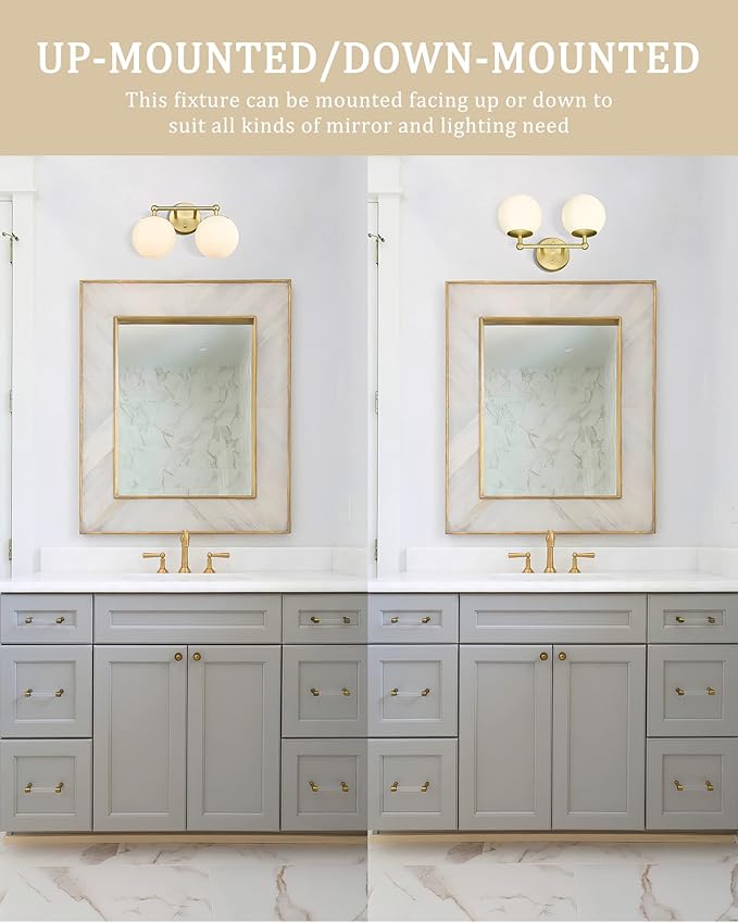 AKEZON Gold Bathroom Light Fixtures, 2-Light Vanity Lights Over Mirror Wall Sconce with Milky White Frosted Glass Shade, Mid Century Farmhouse Vanity Lighting for Bedroom Hallway