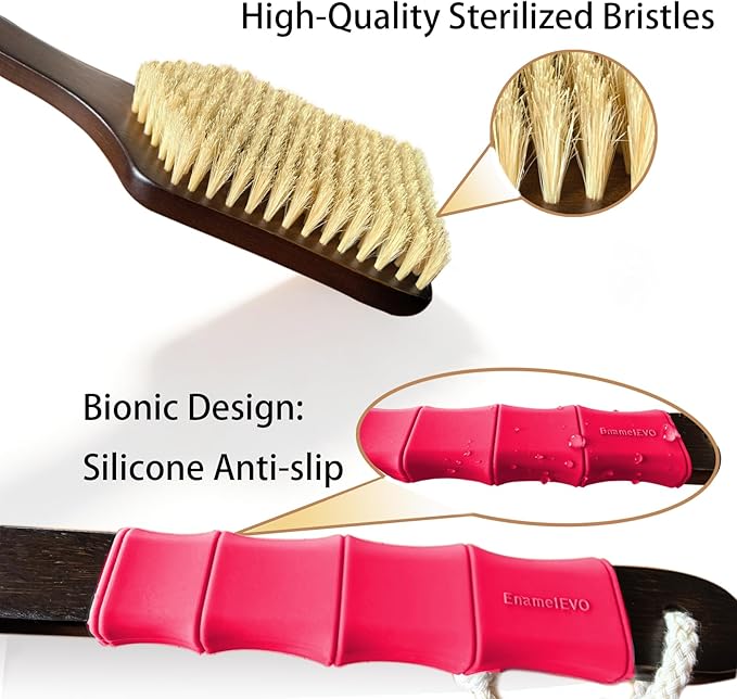 Back Scrubber Shower Brush,Dry Brushing Body Brush with 17.7 Inch Curved Long Handle, Natural Bristles for Lymphatic Drainage, Soft & Stiff Bristles Available (Pink Handle, Soft)