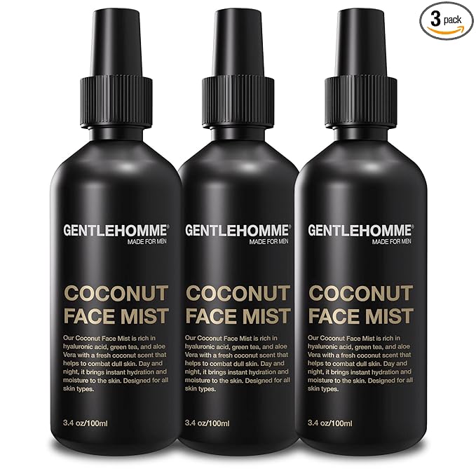 Gentlehomme - Coconut Face Mist - Men’s Facial Spray - with Hyaluronic Acid, Aloe Vera & Green Tea - Refresh, Moisturize & Hydrate - Use Day & Night - Safe for All Skin Types - Vegan - 3.4oz - 3 Pack