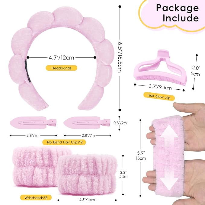 my novel things Spa Headband for Washing Face, Cute Skincare Headband and Wristband With Hair Clips Gift Set for Women Girl, Soft-Puffy Velvet Makeup Headbands (Pink)