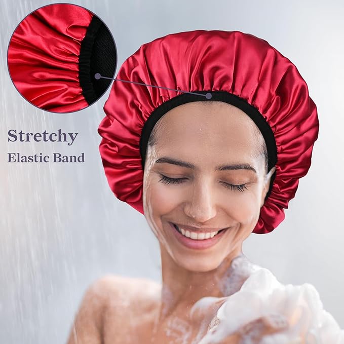 Three-Layer Terry Cloth Lined Satin Shower Cap, with Silk Hair Ties, Microfiber Waterproof Reusable Large Size Shower Cap for Women Long Thick Hair (Claret)