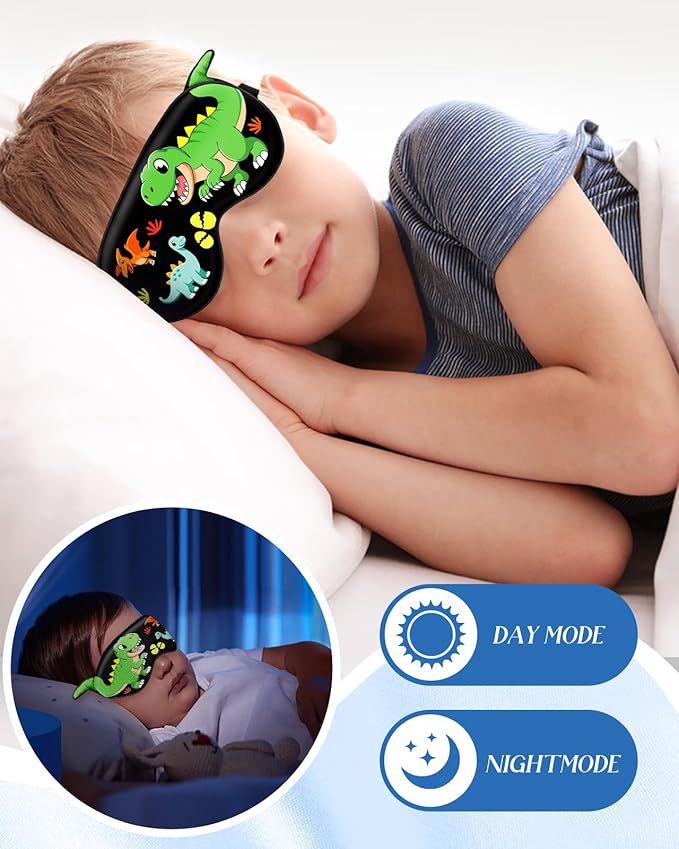 Miss Adola Sleep Mask for Kids - Valentines Gift for Kids Cute Silk Eye Cover for Sleeping Soft Kawaii Eyeshade Animal Eye Blindfold with Adjustable Strap for Boys Teens, Dinosaur