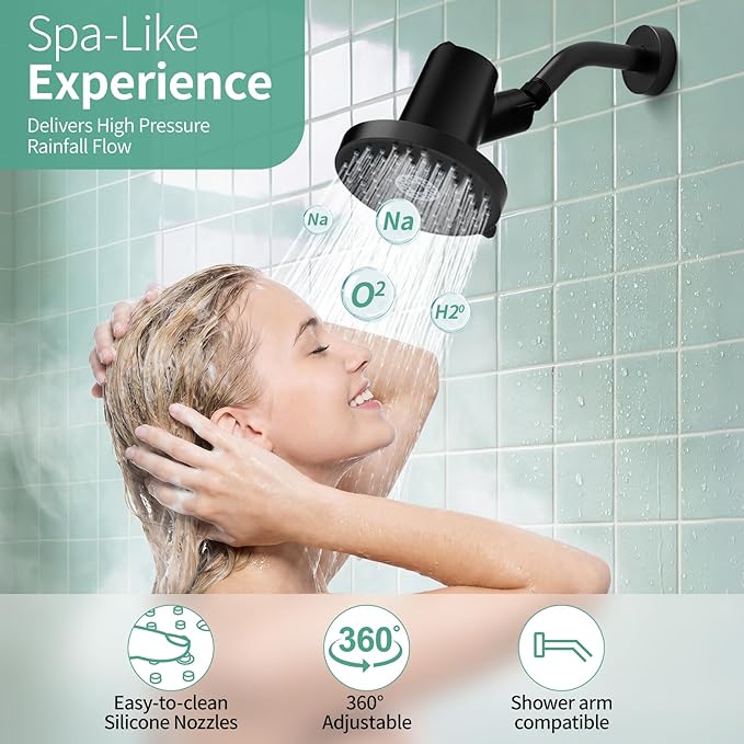 SR SUN RISE Filtered Shower Head - High Pressure Rain Shower Head with 20-Stage Filterr, 6 Spray Modes for Hard Water Softener, Remove Chlorine & Heavy Metals (Black, 5.5 Inch Round)