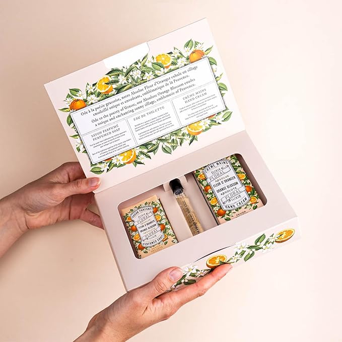 Panier des Sens - Orange Blossom Gift Set for Women - Roll On Perfume + Hand Cream + Bar Soap - Mothers Day Gift Ideas, Birthday Gift for Her - Self Care Kit with 96% Natural Formula - Skin Care Set