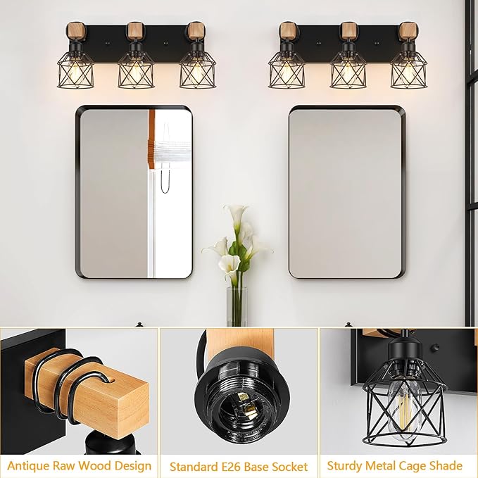 FadimiKoo 3-Light Farmhouse Vanity Light for Bathroom, Wood Bathroom Light Fixtures Over Mirror, Industrial Black Vanity Light with Metal Lampshade for Bedroom Hallway Living Room