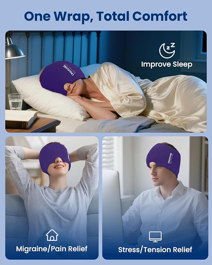 ONLYCARE Migraine Relief Cap, Soothing Headache Hat, Upgraded Odorless Gel Ice Head Wrap, Hot and Cold Therapy, Headache Ice Pack for Tension and Stress(Purple)