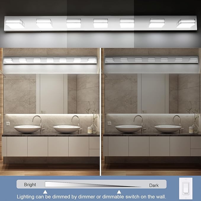 SineRise LED Modern Bathroom Vanity Light Fixtures (7-Light, 55-Inch, Dimmable), Chrome Modern Acrylic Bathroom Wall Lighting Fixtures Over Mirror (Cool White 6000K)